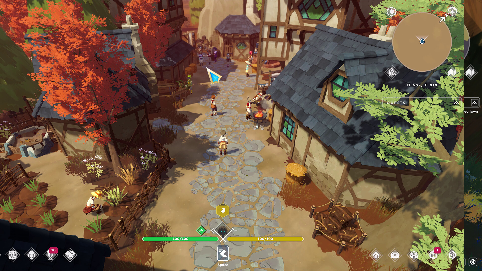 A The UI and a town in BitCraft.